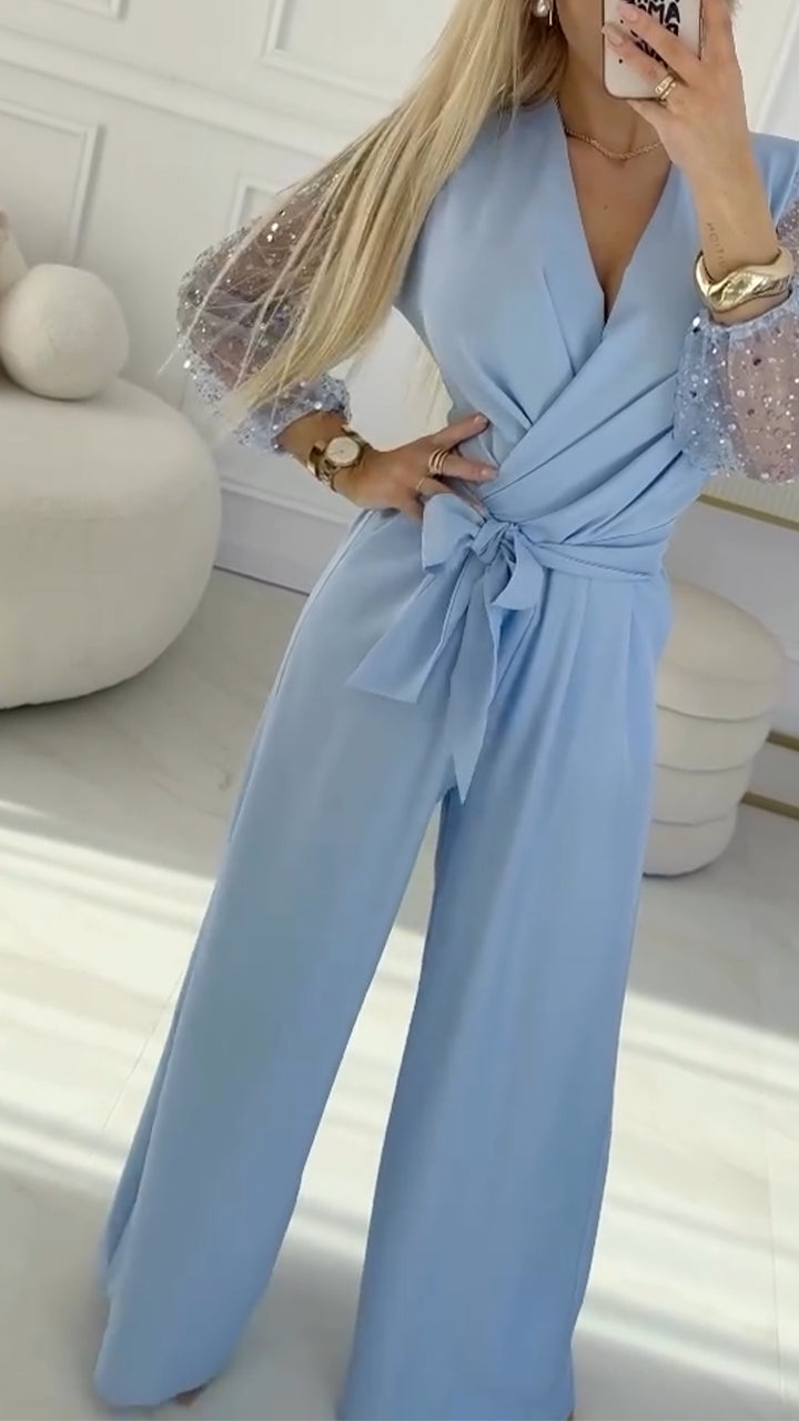 👑Traje casual de mujer con mangas abullonadas y escote en pico, decorado con lentejuelas.-ES