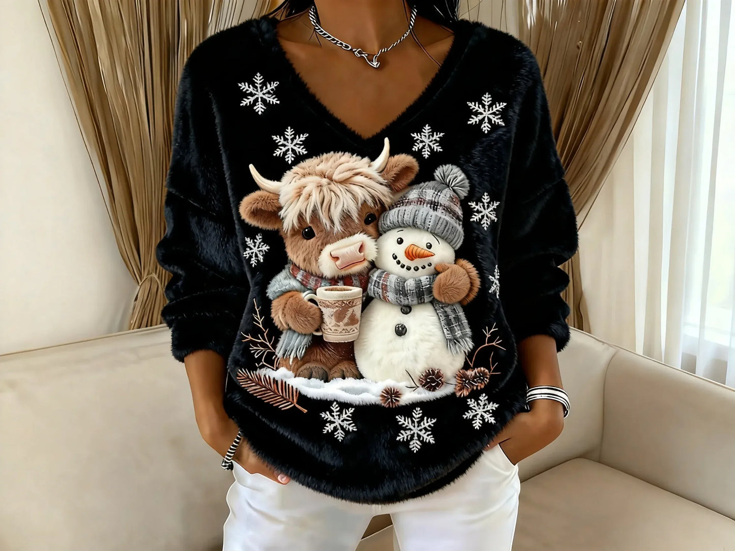 š„Ćltimo dĆa con 49% de descuentoš„Blusa de mujer con cuello en V y estampado de vaca Yeti escocesa-ES