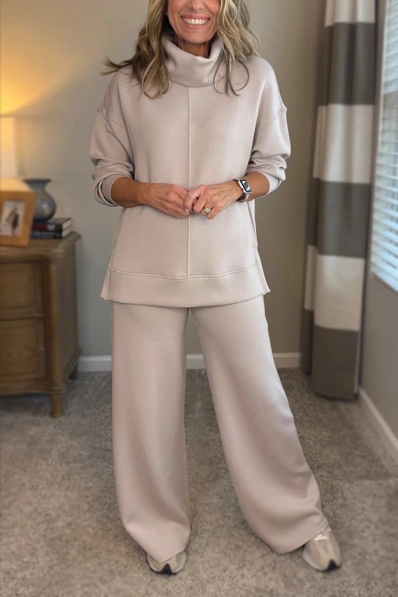 Conjunto de viaje de dos piezas para mujer con cuello alto, suéter con abertura lateral y pantalón casual🔥¡Nuevo!-ES