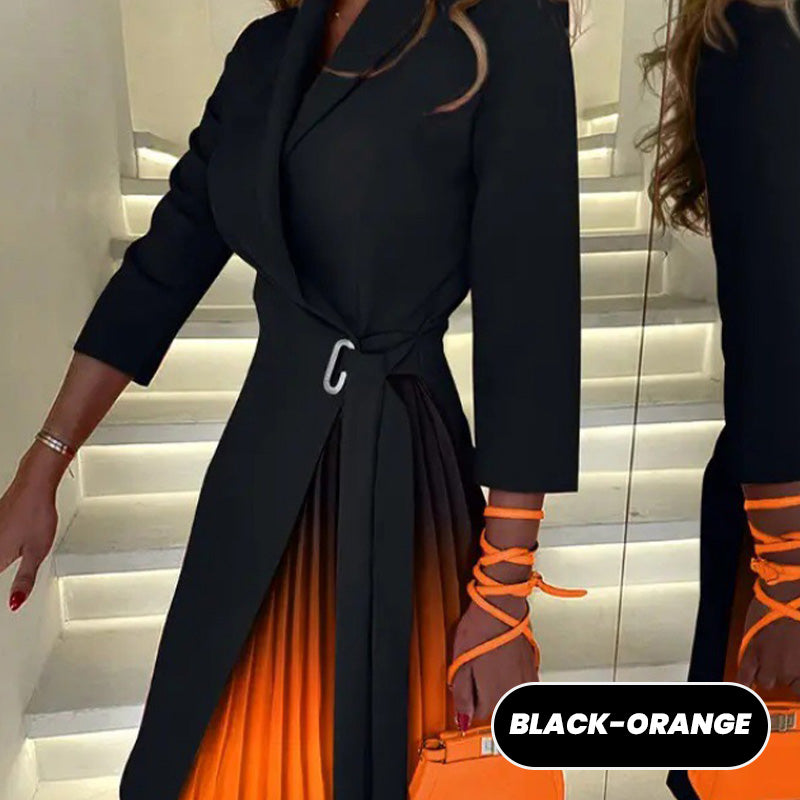 Vestido ombré 2025 con cuello de solapa y chaqueta plisada en la cintura.-ES