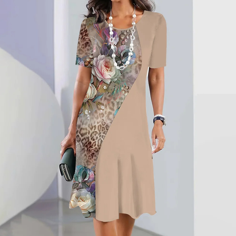 🌸Elegante vestido de mujer con escote redondo y estampados florales.-ES