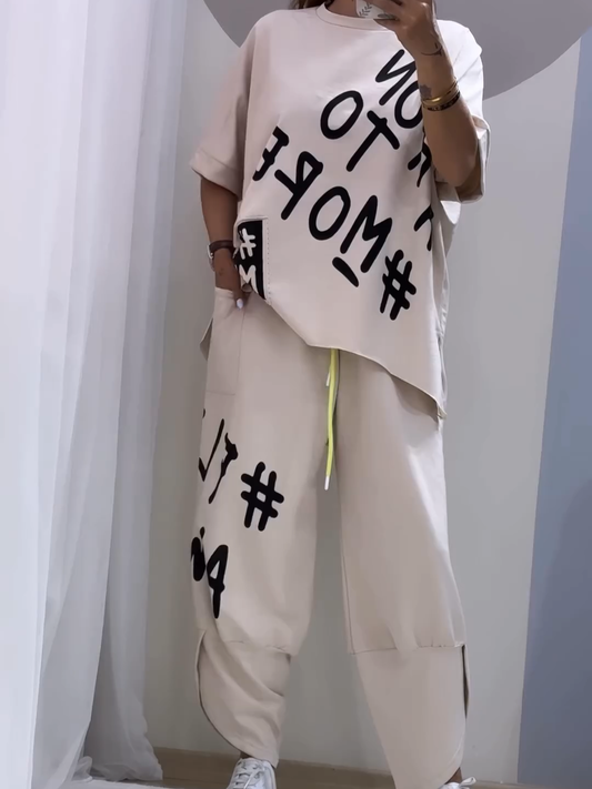 Traje casual estampado de dos piezas con escote redondo-ES