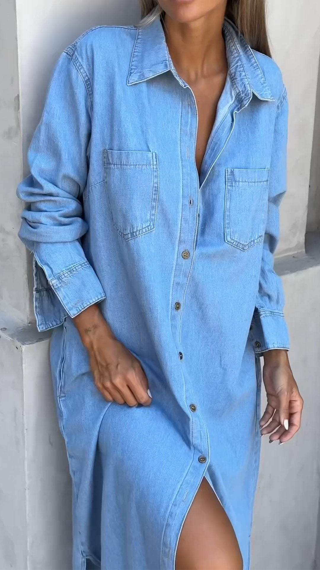 Vestido vaquero con mangas largas y solapas-ES