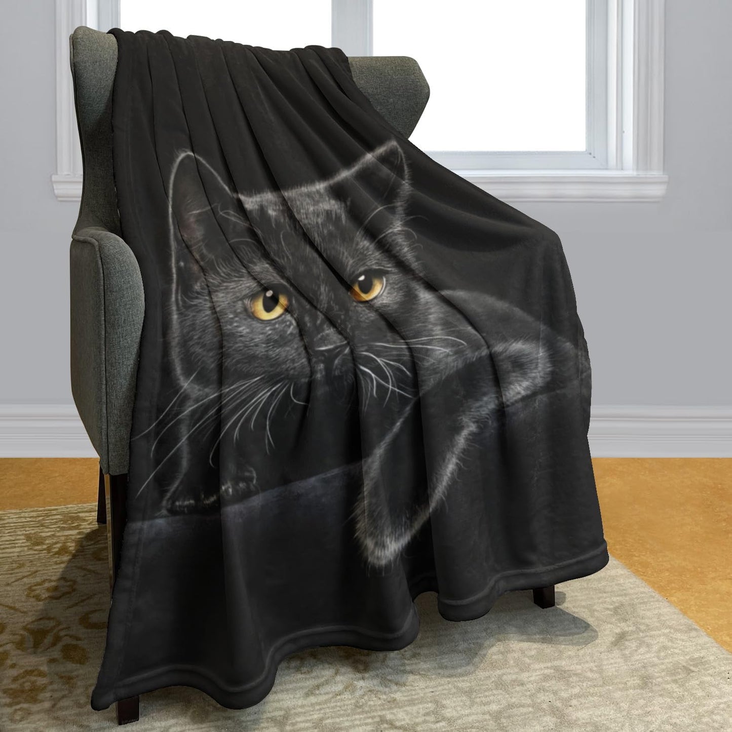 Adorable manta de franela con estampado de gato negro.-ES