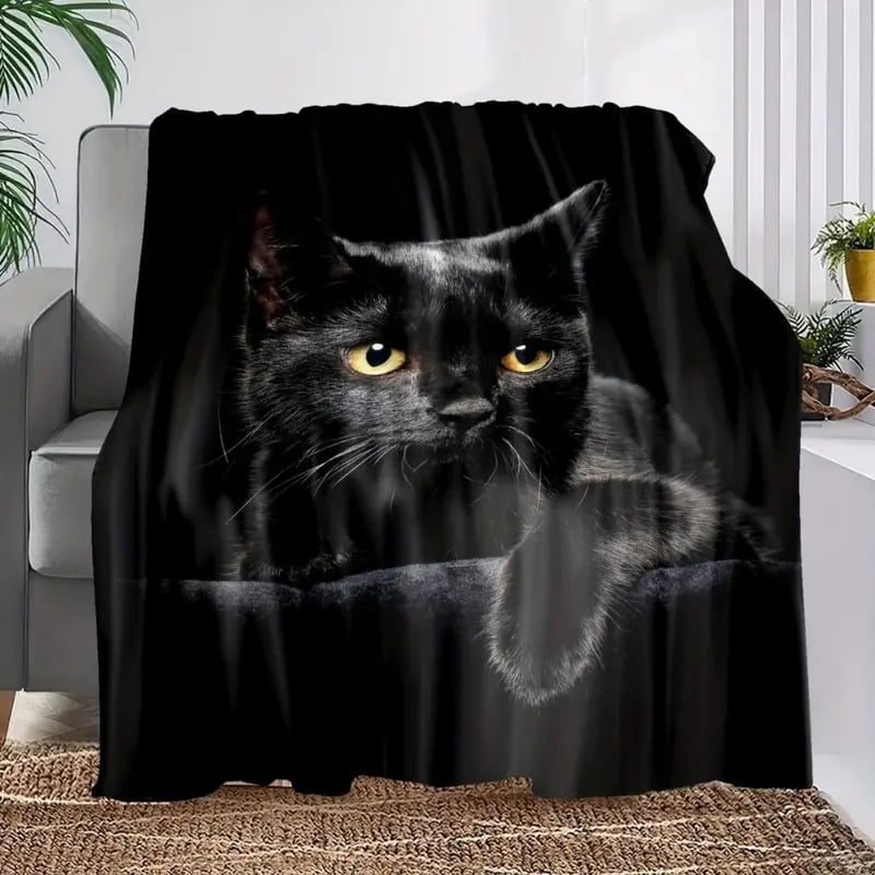 Adorable manta de franela con estampado de gato negro.-ES