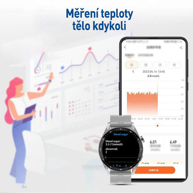 Reloj inteligente para monitoreo de glucosa en sangre sin dolor con teléfono Bluetooth