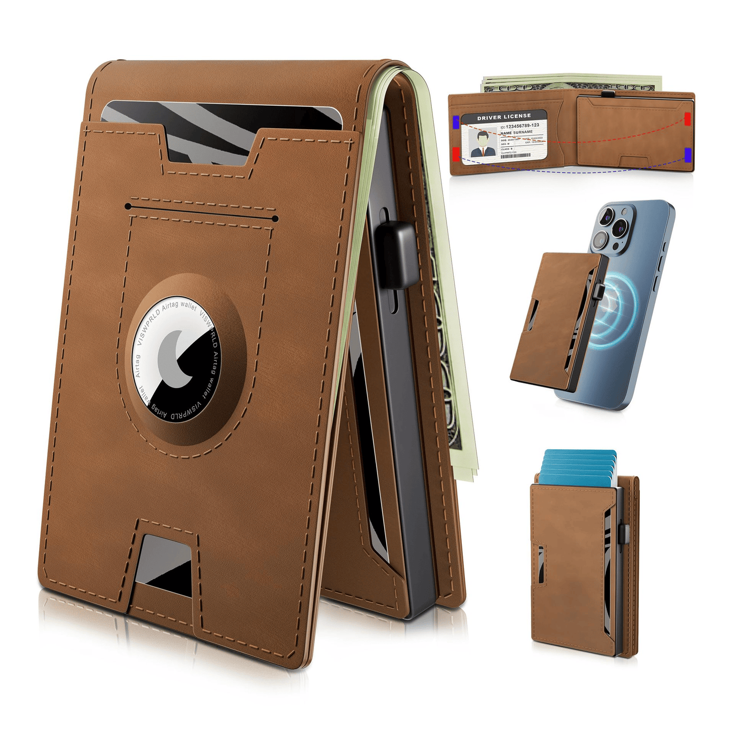 🎁 Cartera AirTag para hombre: funda de aluminio plegable, clip para billetes, compartimentos delgados de cuero, tarjetero, bloqueo RFID, cartera minimalista plegable.-ES