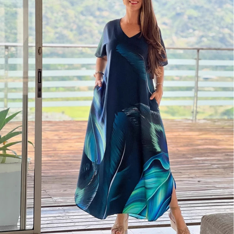 👗 Moteriška ilga suknelė su raštu ir V formos iškirpte-LT