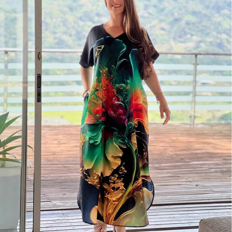 👗 Moteriška ilga suknelė su raštu ir V formos iškirpte-LT