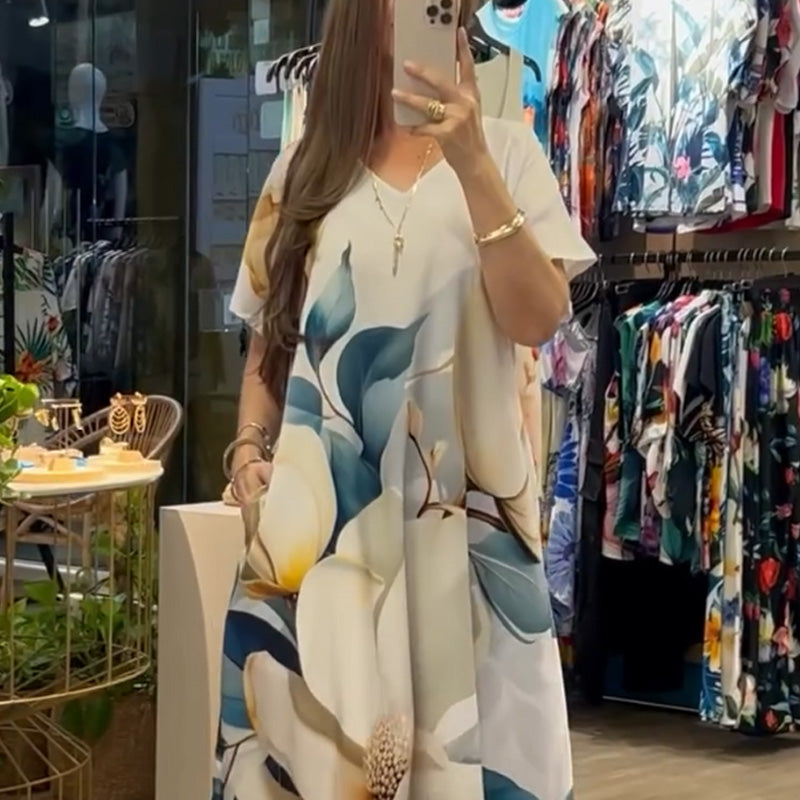 👗 Moteriška ilga suknelė su raštu ir V formos iškirpte-LT