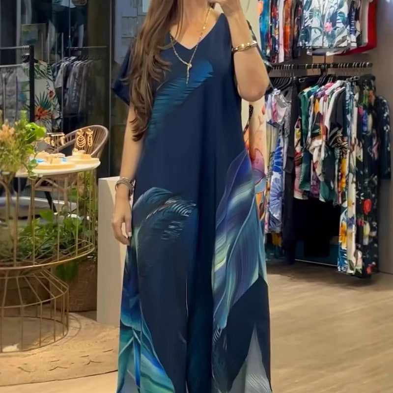 👗 Moteriška ilga suknelė su raštu ir V formos iškirpte-LT