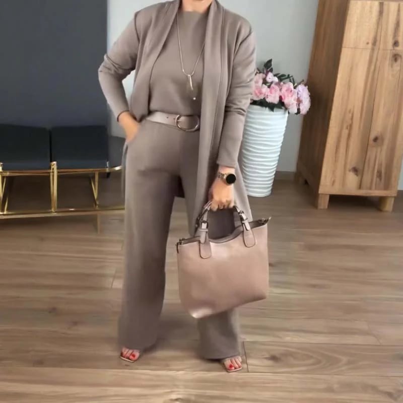 ⏳Oferta especial por tiempo limitado⏰Elegante conjunto de 3 piezas que incluye cárdigan largo, top y pantalón💞-ES