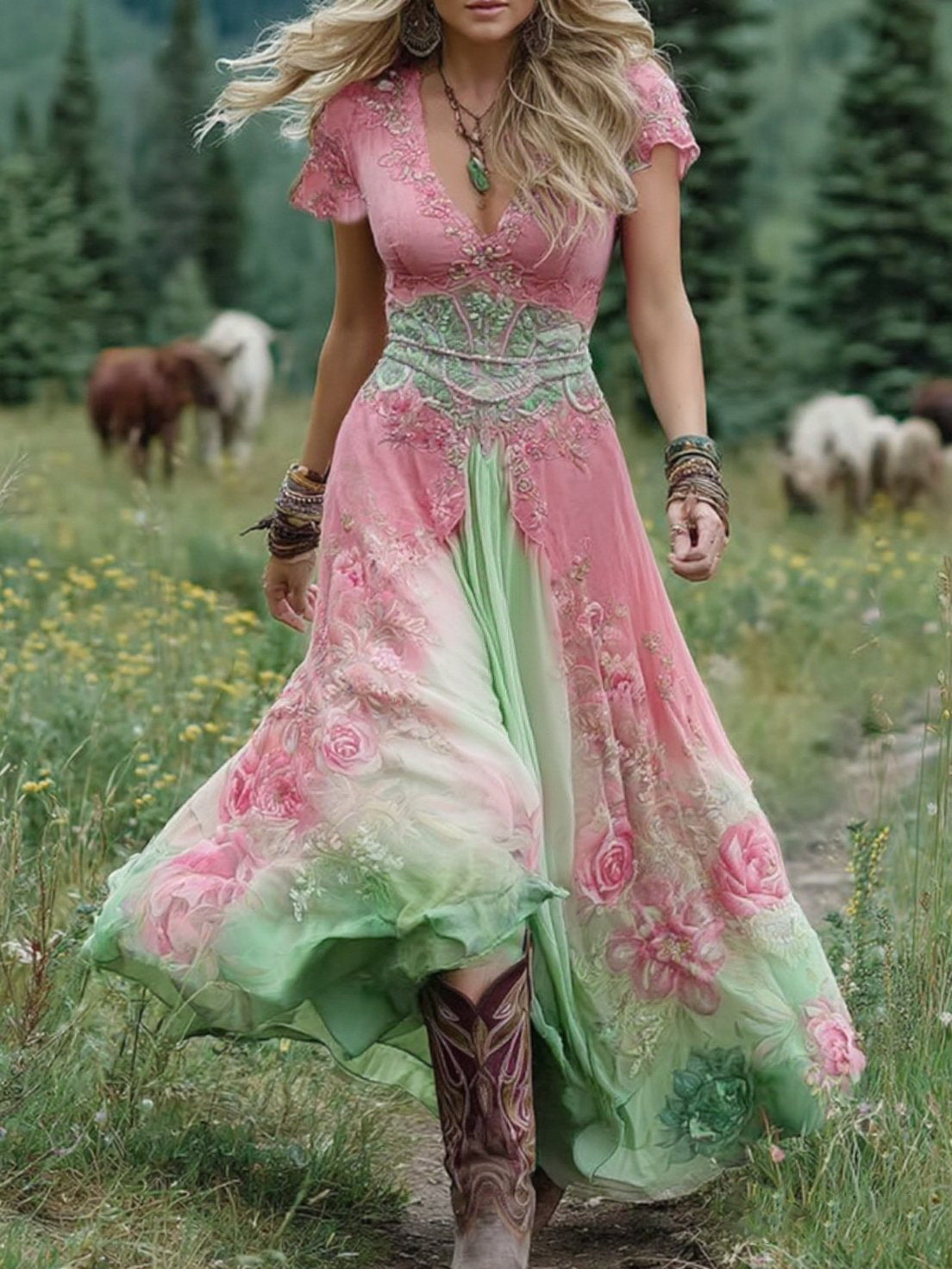 Elegante vestido largo corto en tonos morados y lavanda con estampado floral.-ES