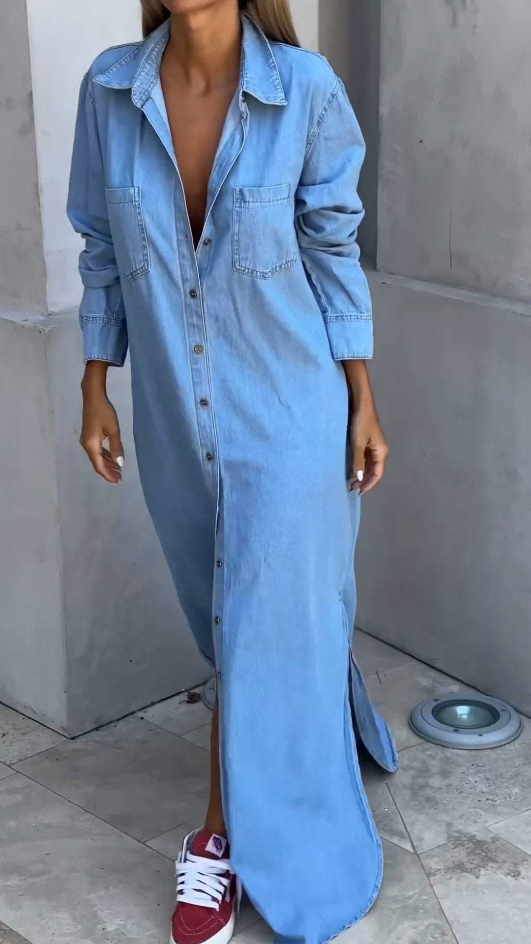 Vestido vaquero con mangas largas y solapas-ES