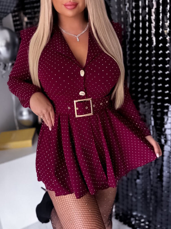 Vestido de mujer con solapas y cristales con cinturón.-ES