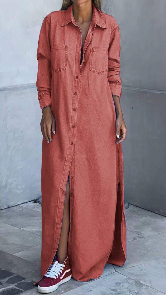 Vestido vaquero con mangas largas y solapas-ES