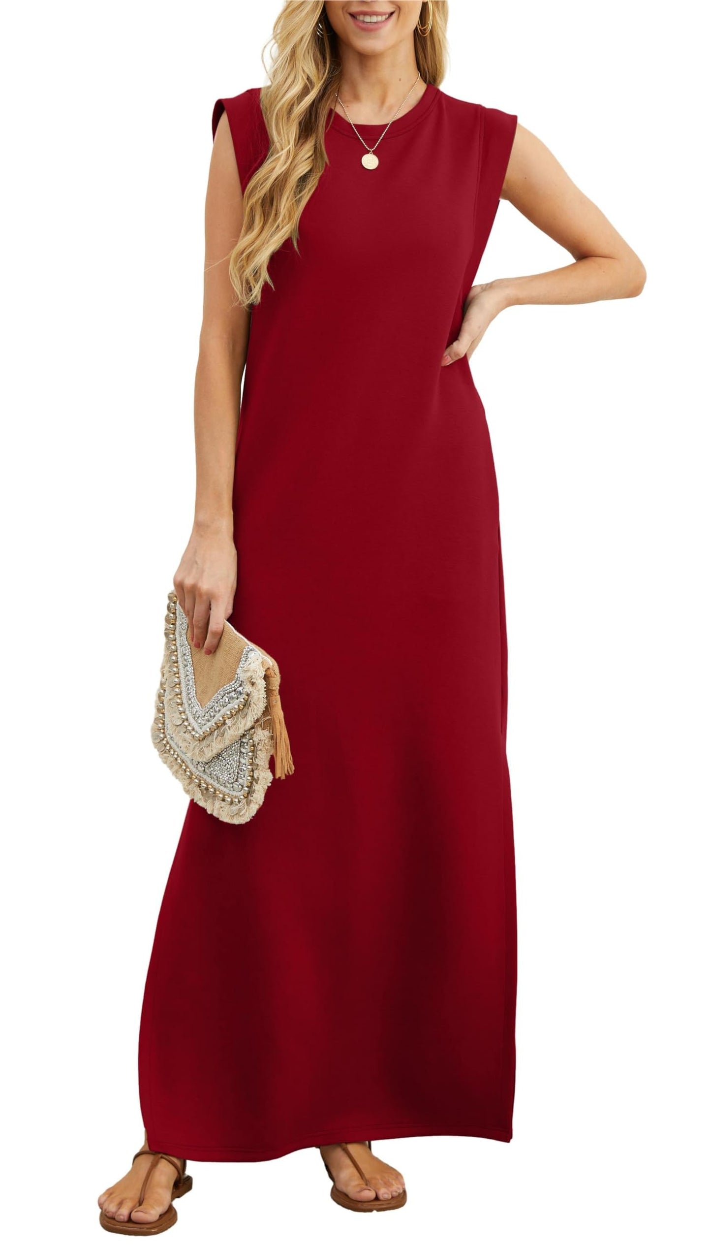 Vestido largo holgado de mujer con abertura y sin pliegues.-ES