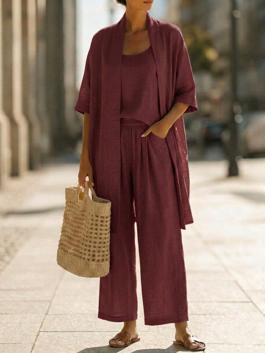 Conjunto minimalista de tres piezas de lino y algodón: cómodo para el uso diario.-ES