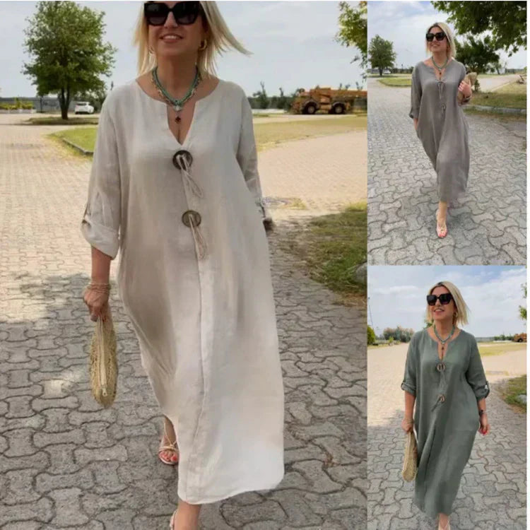 🎁👗Vestido de algodón y lino con cuello en V-ES