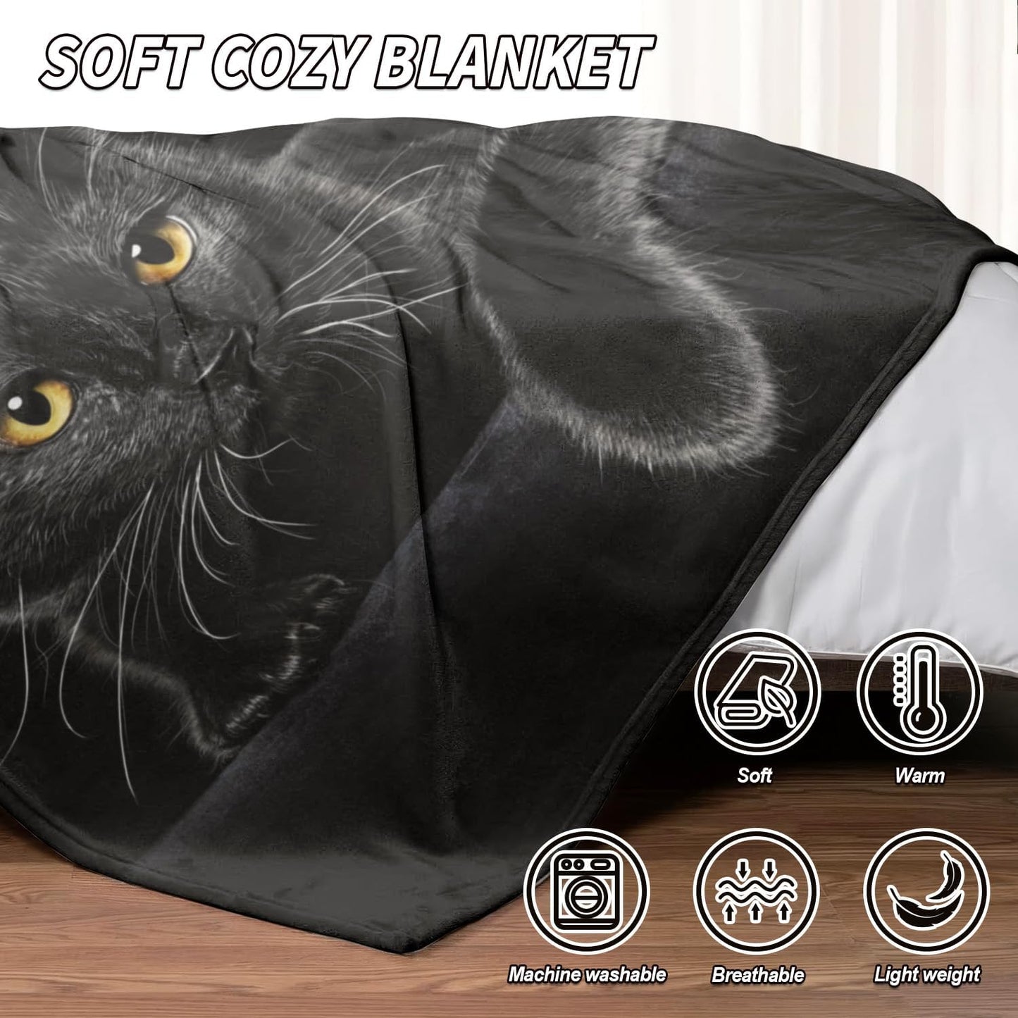 Adorable manta de franela con estampado de gato negro.-ES