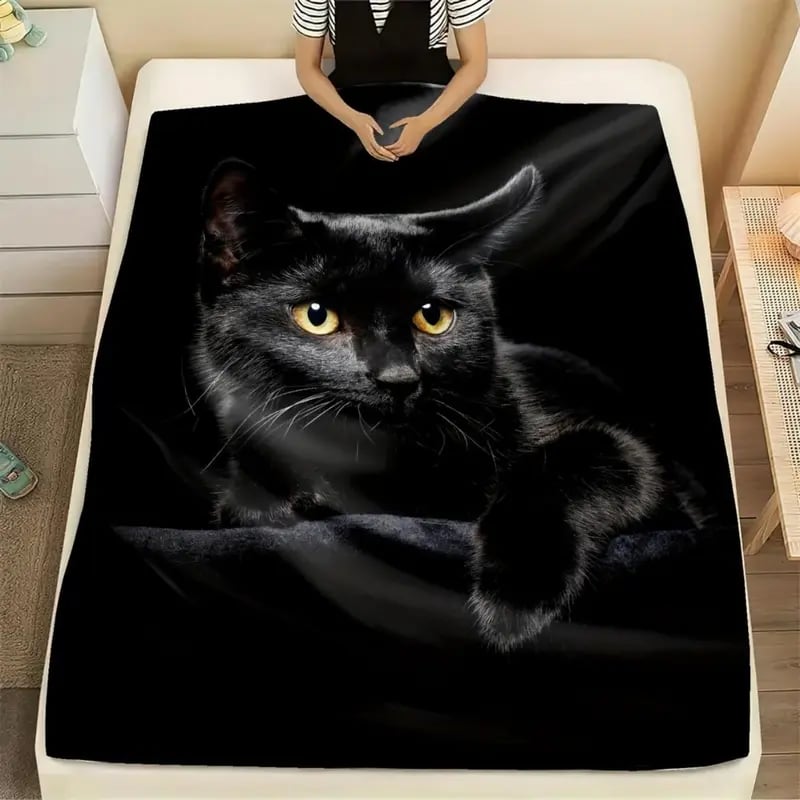 Adorable manta de franela con estampado de gato negro.-ES