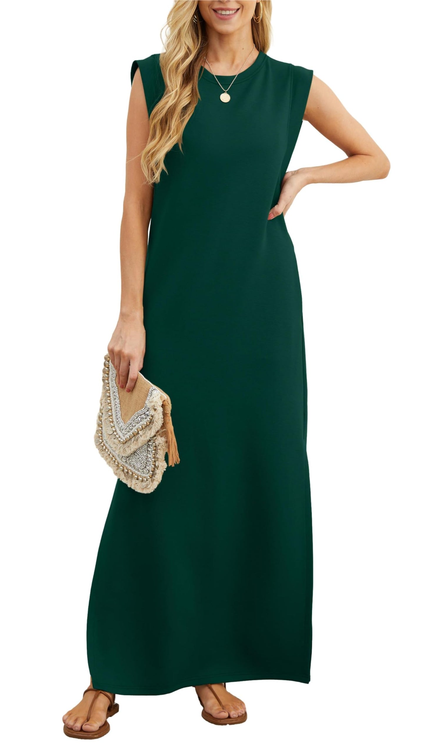 Vestido largo holgado de mujer con abertura y sin pliegues.-ES