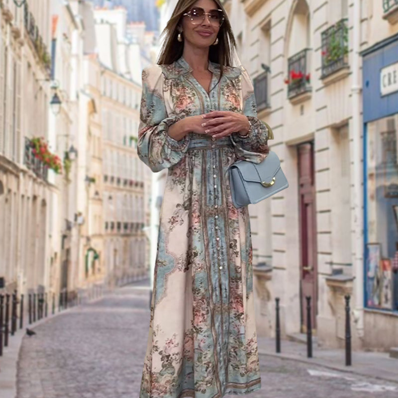 Vestido elegante con escote en pico, cintura alta, estampado floral y botones.-ES