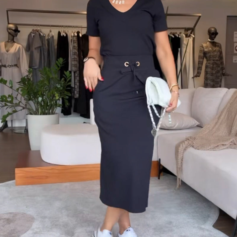 💥Ženski komplet majica z V izrezom in midi krilo👗-SI