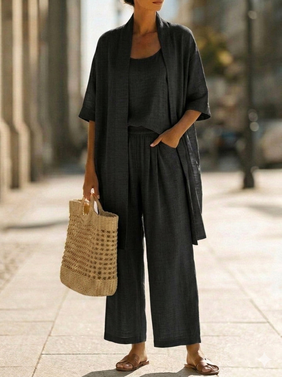 Conjunto minimalista de tres piezas de lino y algodón: cómodo para el uso diario.-ES
