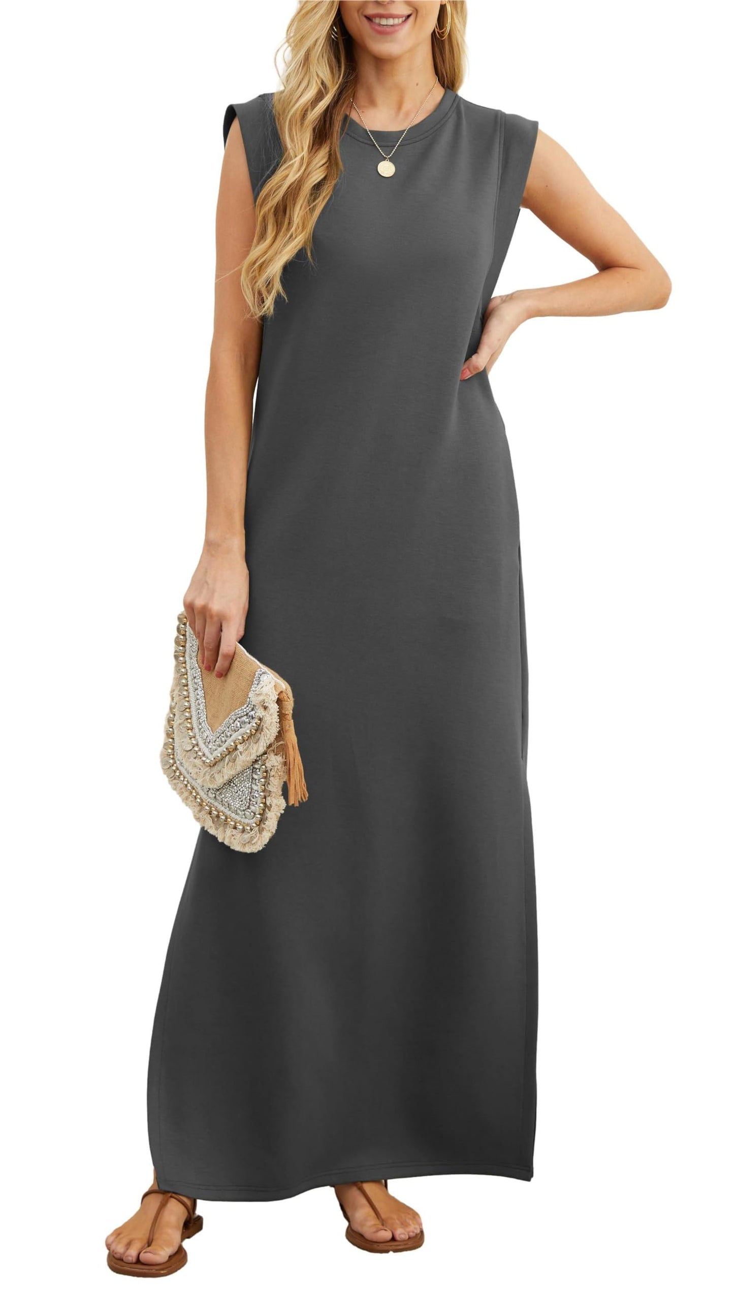 Vestido largo holgado de mujer con abertura y sin pliegues.-ES