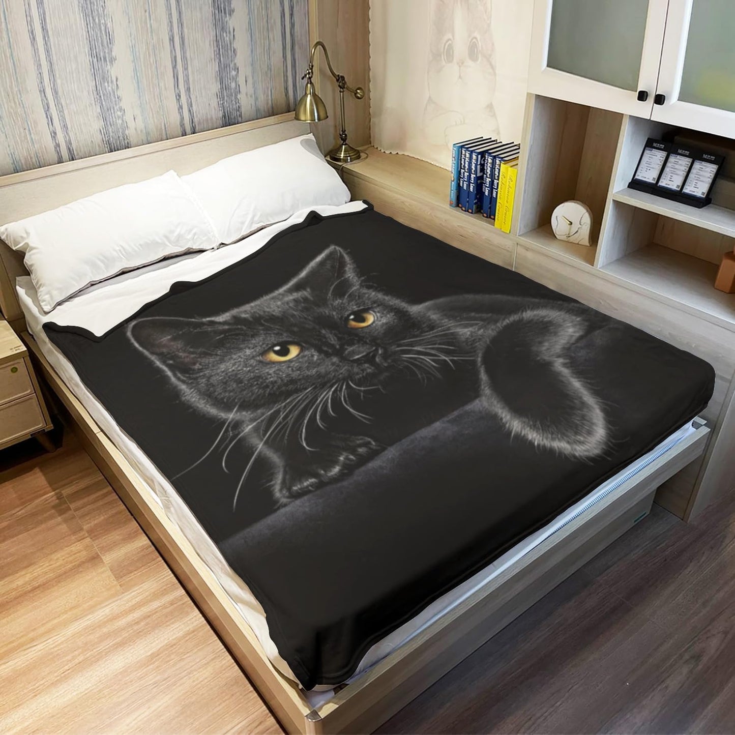 Adorable manta de franela con estampado de gato negro.-ES