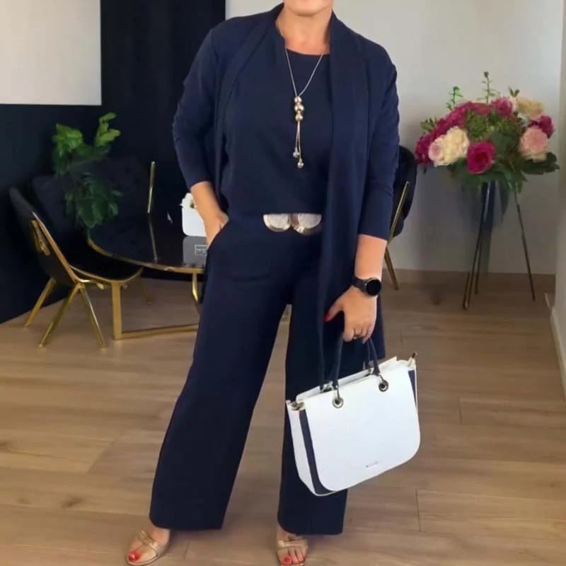 ⏳Oferta especial por tiempo limitado⏰Elegante conjunto de 3 piezas que incluye cárdigan largo, top y pantalón💞-ES
