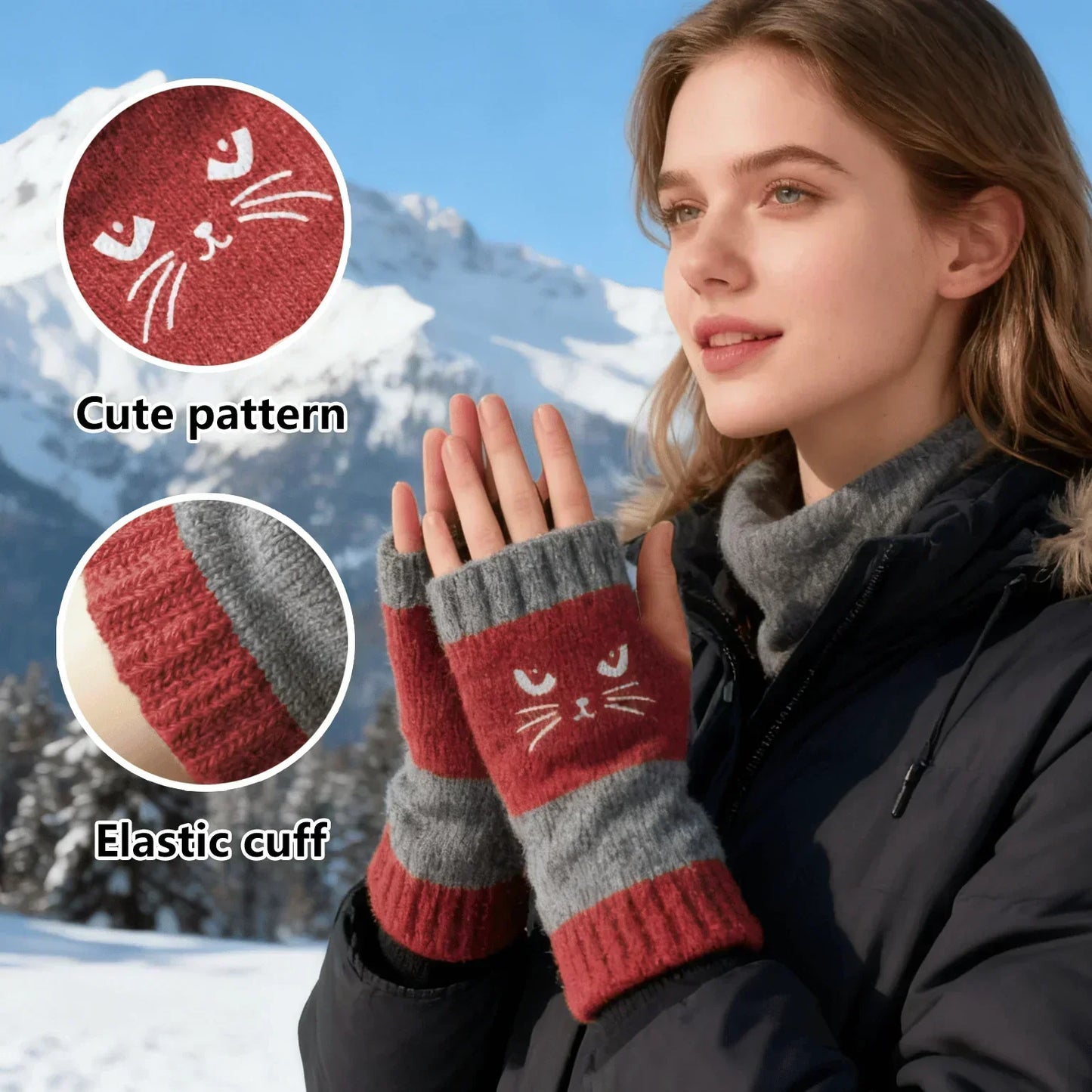🐱 Mielos moteriškos megztos katės pirštinės🧤🧶-LT