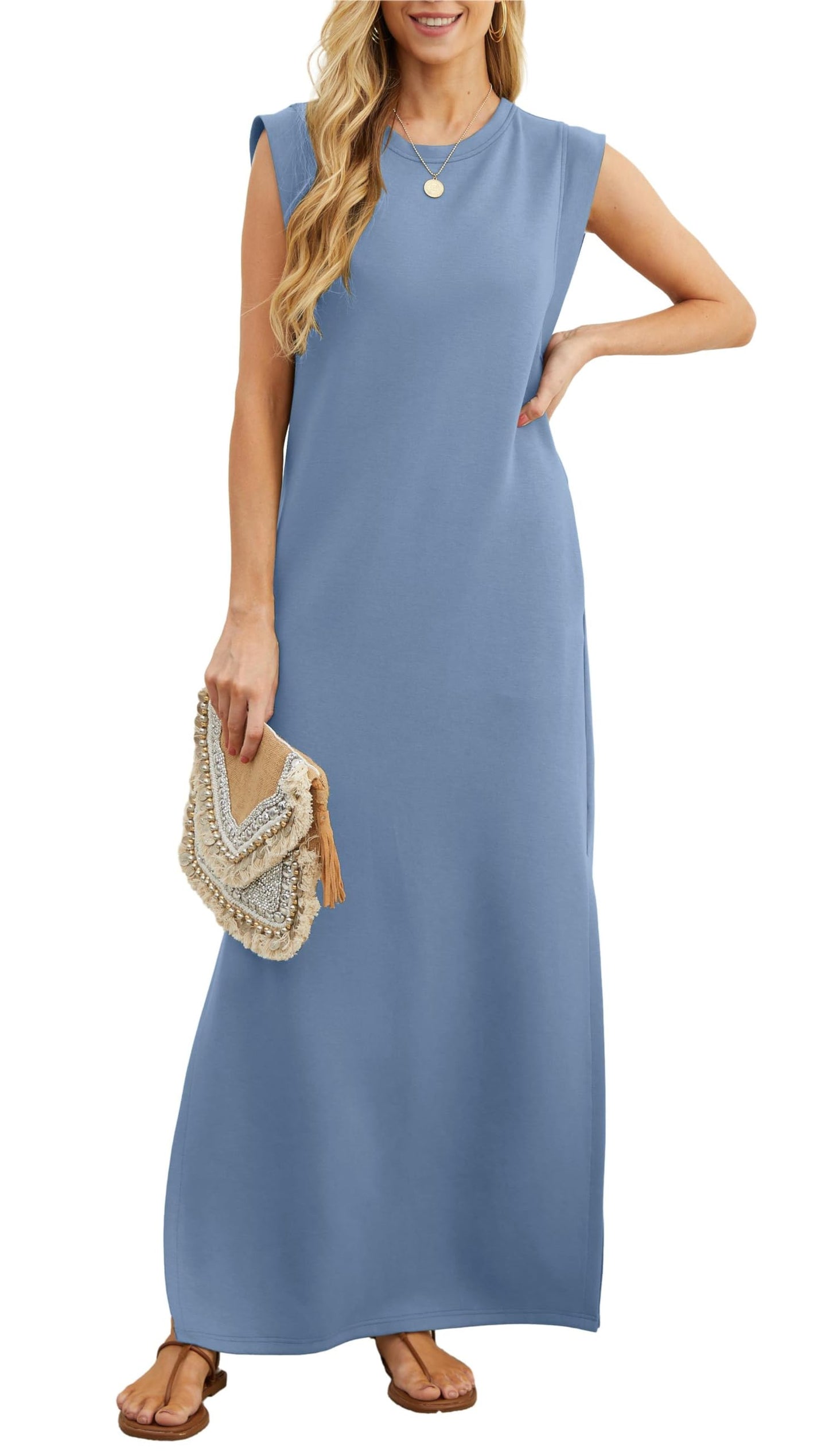 Vestido largo holgado de mujer con abertura y sin pliegues.-ES
