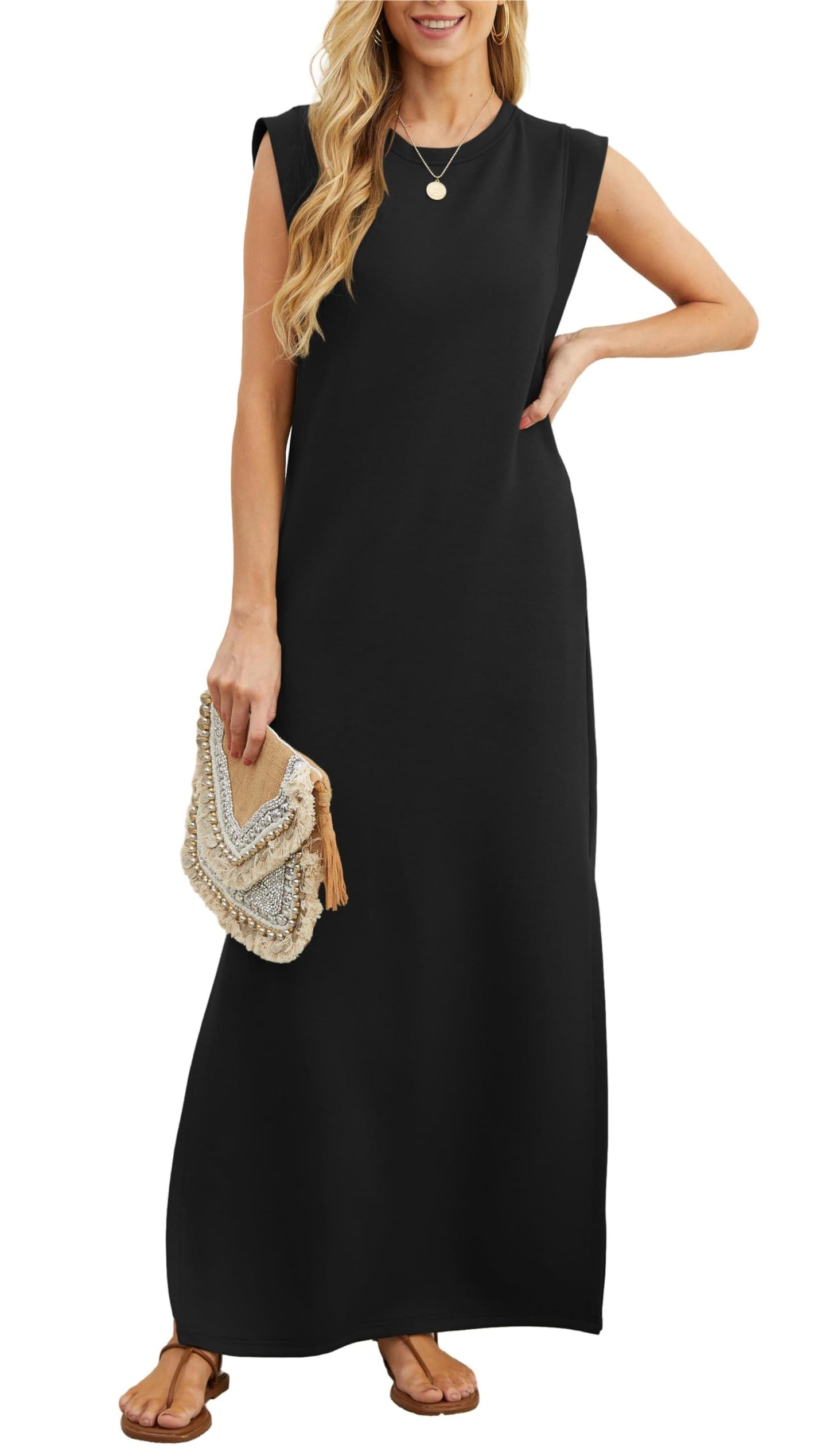 Vestido largo holgado de mujer con abertura y sin pliegues.-ES