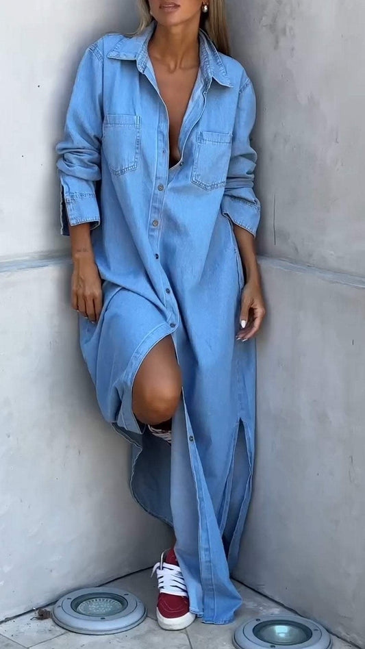 Vestido vaquero con mangas largas y solapas-ES