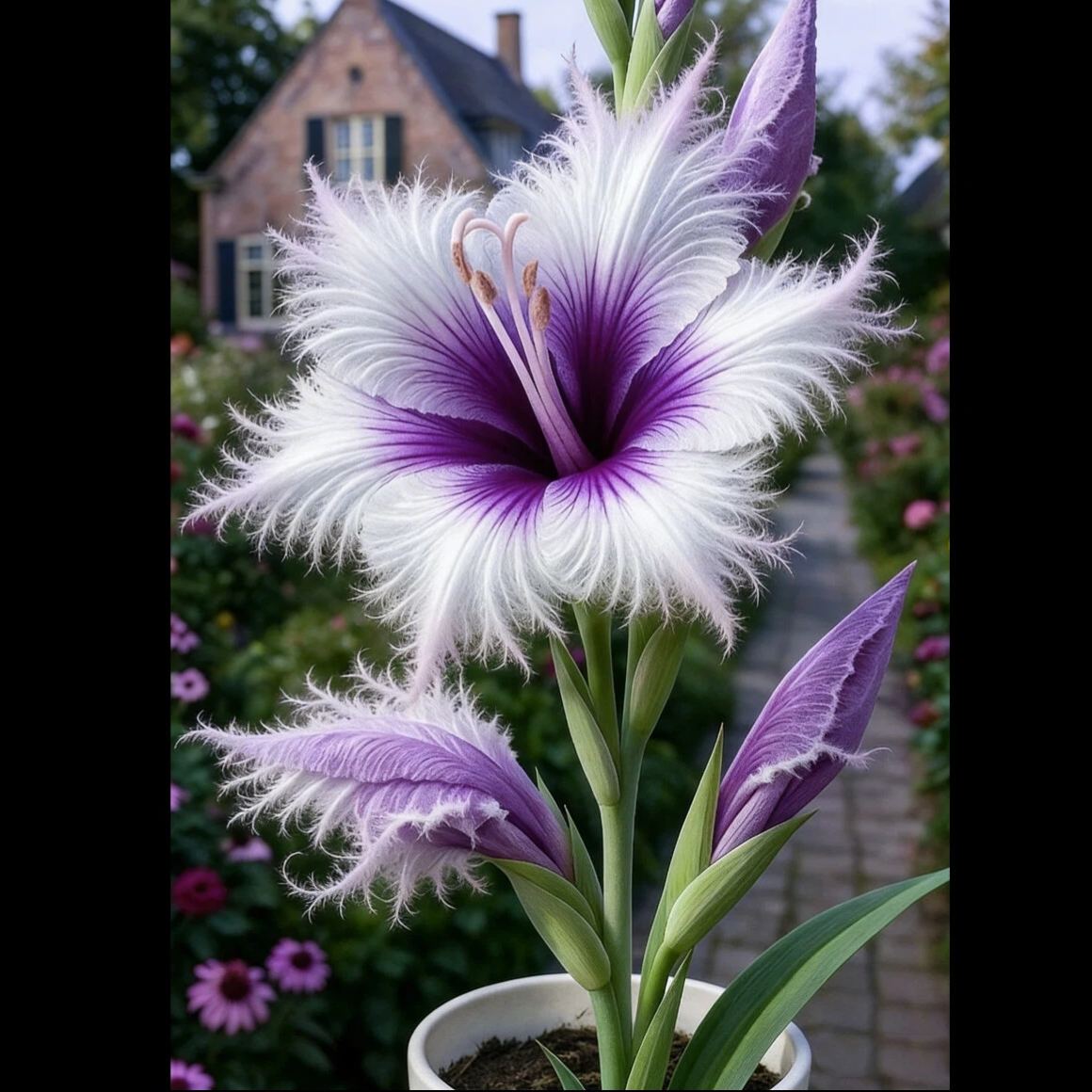 Bulbos de lirio raros con bordes plumosos: impresionantes flores rosas y blancas, fáciles de cultivar.-ES