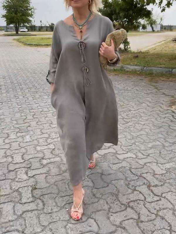 🎁👗Vestido de algodón y lino con cuello en V-ES