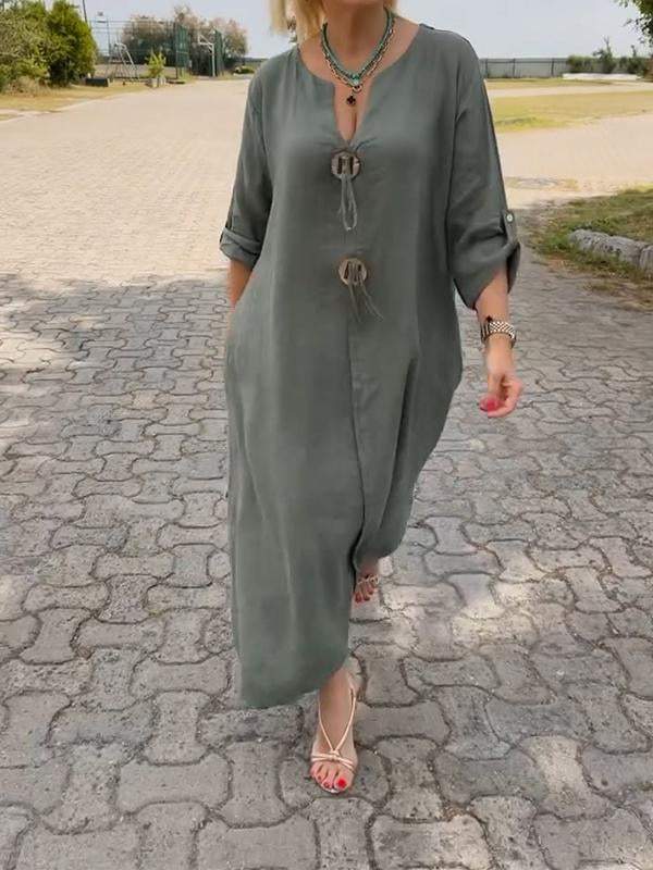 🎁👗Vestido de algodón y lino con cuello en V-ES