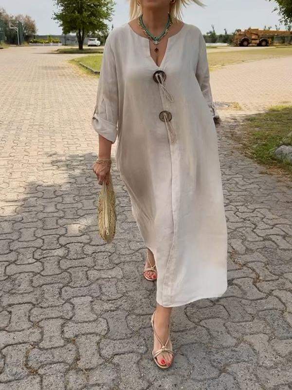 🎁👗Vestido de algodón y lino con cuello en V-ES