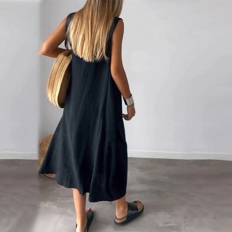 Vestido de lino, algodón, sin mangas y con bolsillos.-ES
