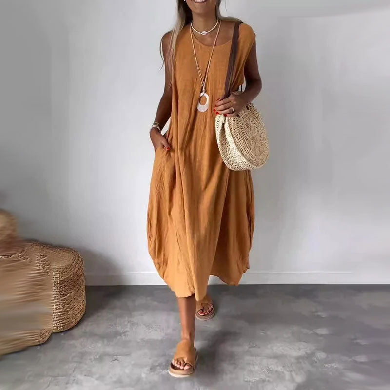 Vestido de lino, algodón, sin mangas y con bolsillos.-ES