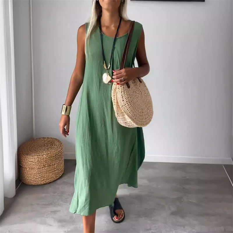 Vestido de lino, algodón, sin mangas y con bolsillos.-ES