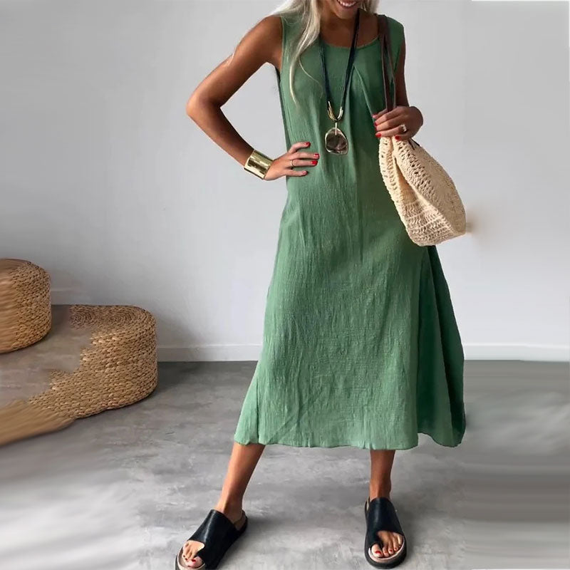 Vestido de lino, algodón, sin mangas y con bolsillos.-ES