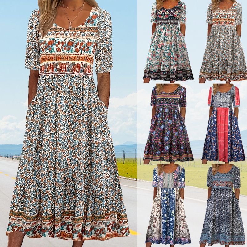🌸Elegantne boho mustriga naiste kleit-EE