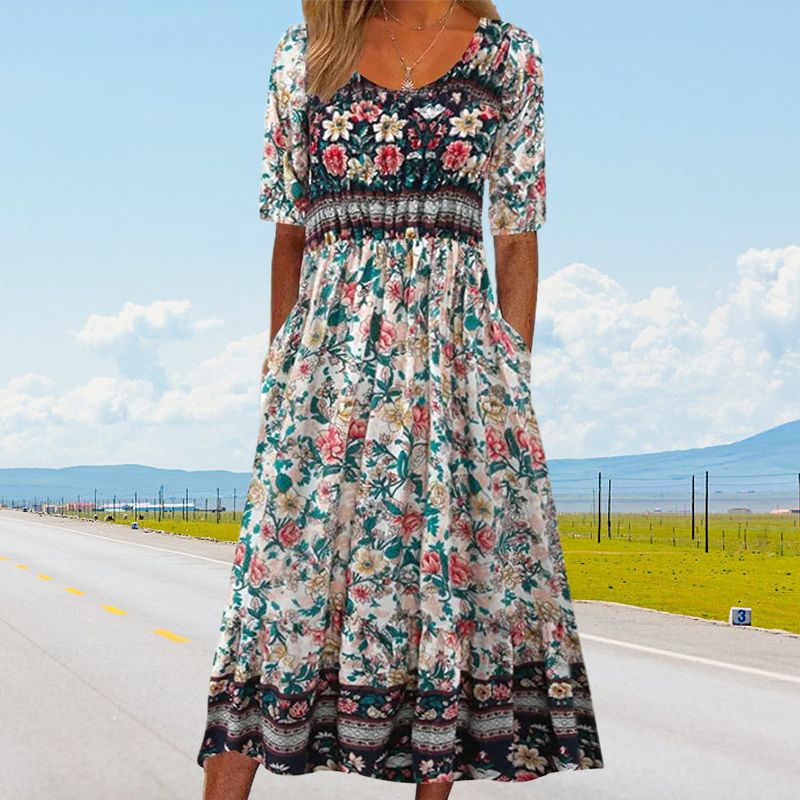 🌸Elegantne boho mustriga naiste kleit-EE