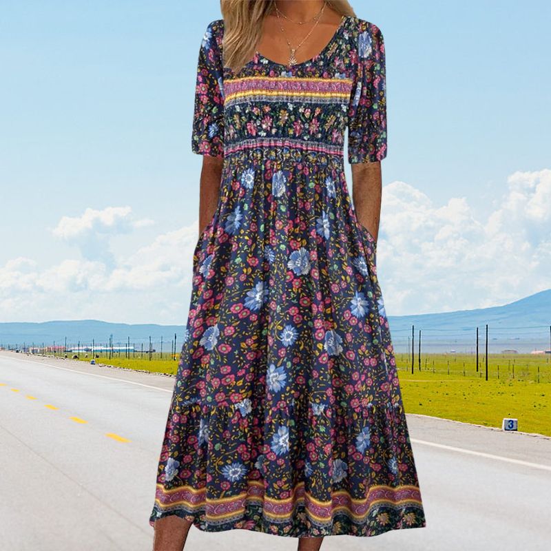 🌸Elegantne boho mustriga naiste kleit-EE