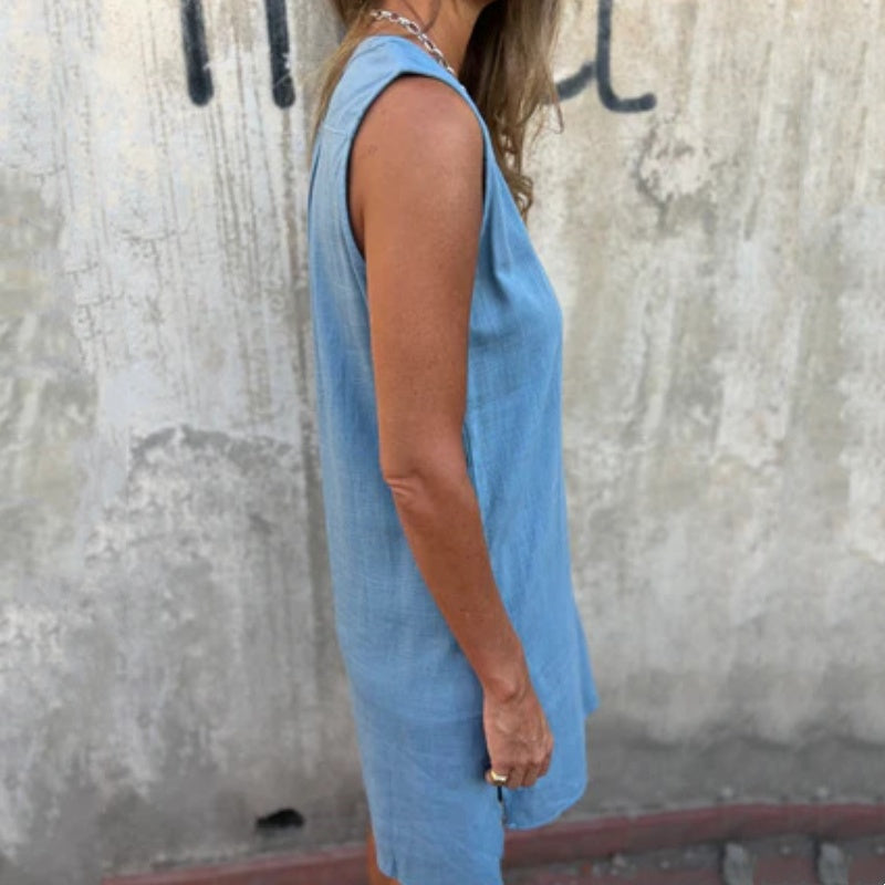 🔥Vestido de color liso con escote en V profundo, confeccionado en algodón y lino.-ES
