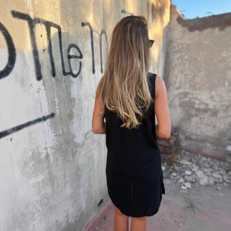🔥Vestido de color liso con escote en V profundo, confeccionado en algodón y lino.-ES