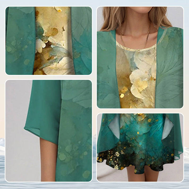 Elegante conjunto de 2 piezas: blusa de media manga + vestido-ES